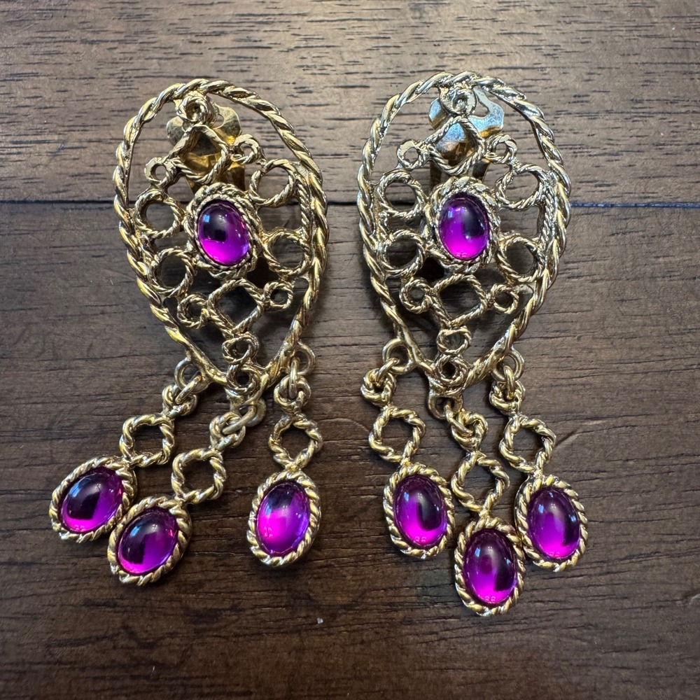 Unsigned Clip-On Earrings Women Gold Purple Filigree Dangle Statement Vintage